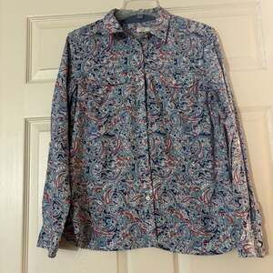 Talbots Red White Blue Paisley Floral Collar Cotton Button Tunic Blouse Medium
